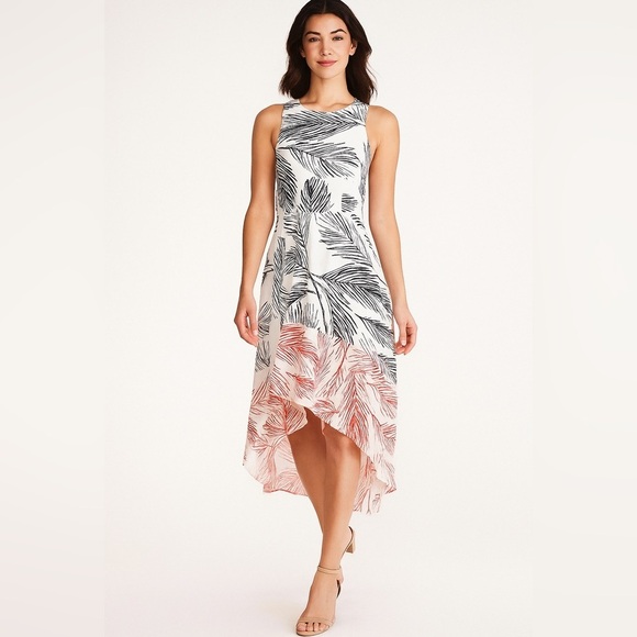Vince Camuto High Low Dress Size 4 Navy Coral Tropical Shell Palm Print Resort - Picture 1 of 10